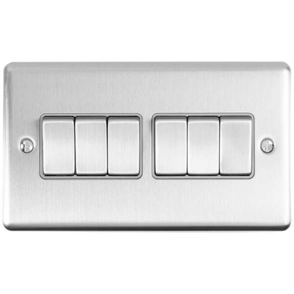 Eurolite Brushed Chrome 6 Gang 2 Way Switch Grey Insert