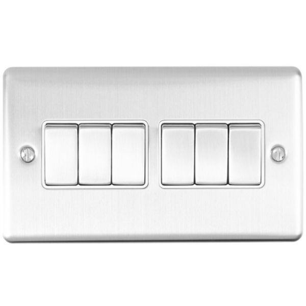 Eurolite Brushed Chrome 6 Gang 2 Way Switch White Insert