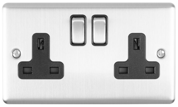 Eurolite Brushed Chrome 2 Gang Socket Black Insert